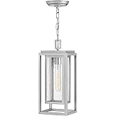 Hinkley Republic Medium Hanging Outdoor Lantern, Composite, Clear Seedy Glass Panes, Anti-Fading Finish, Satin Nickel Finish