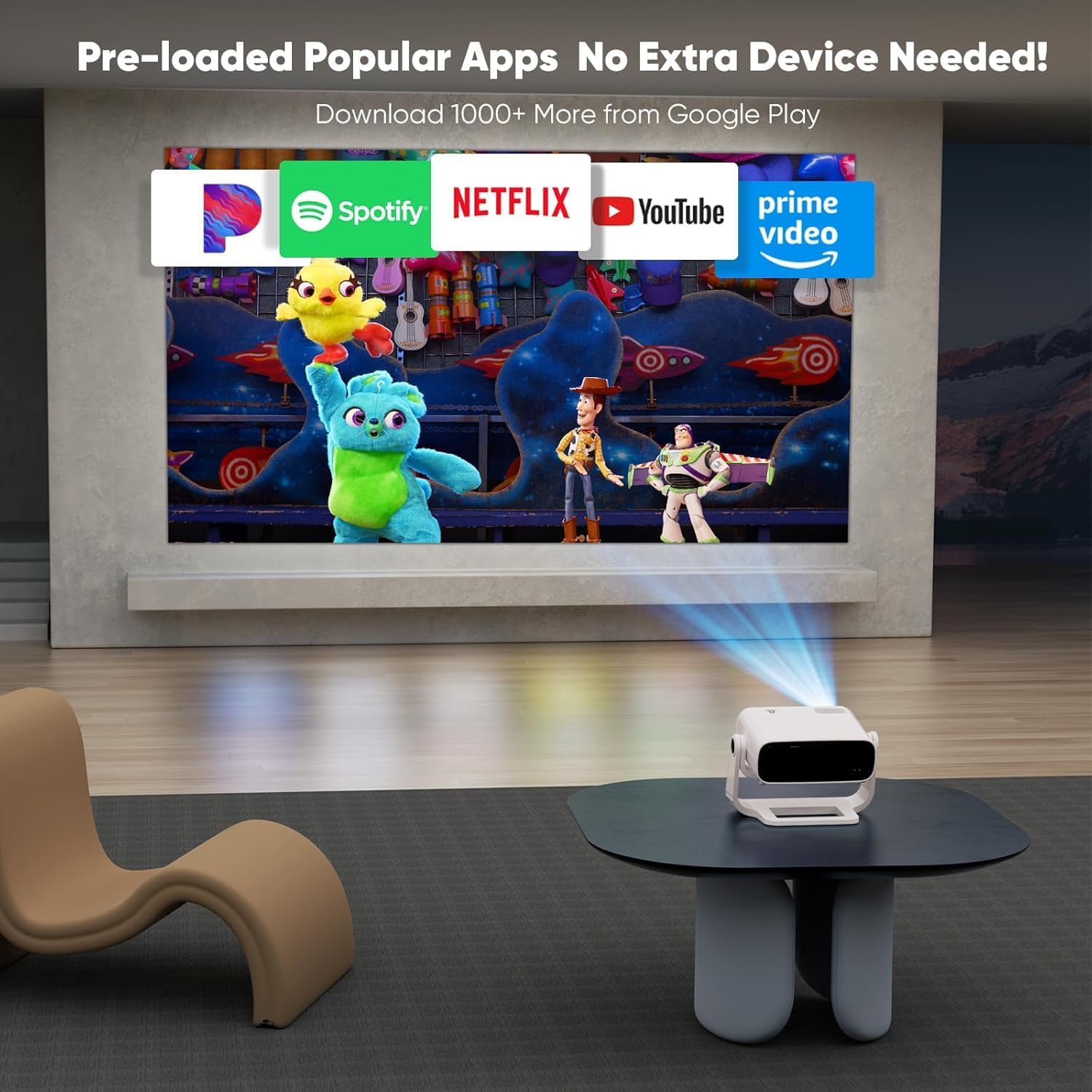 Smart Projector with WiFi 6 and Bluetooth Built-in Apps - 4K Support Portable Bedroom Mini Projector Native 1080P , 2025 New Auto Keystone & Zoom Home Theater Cinema Movie Proyector, 120° Stand