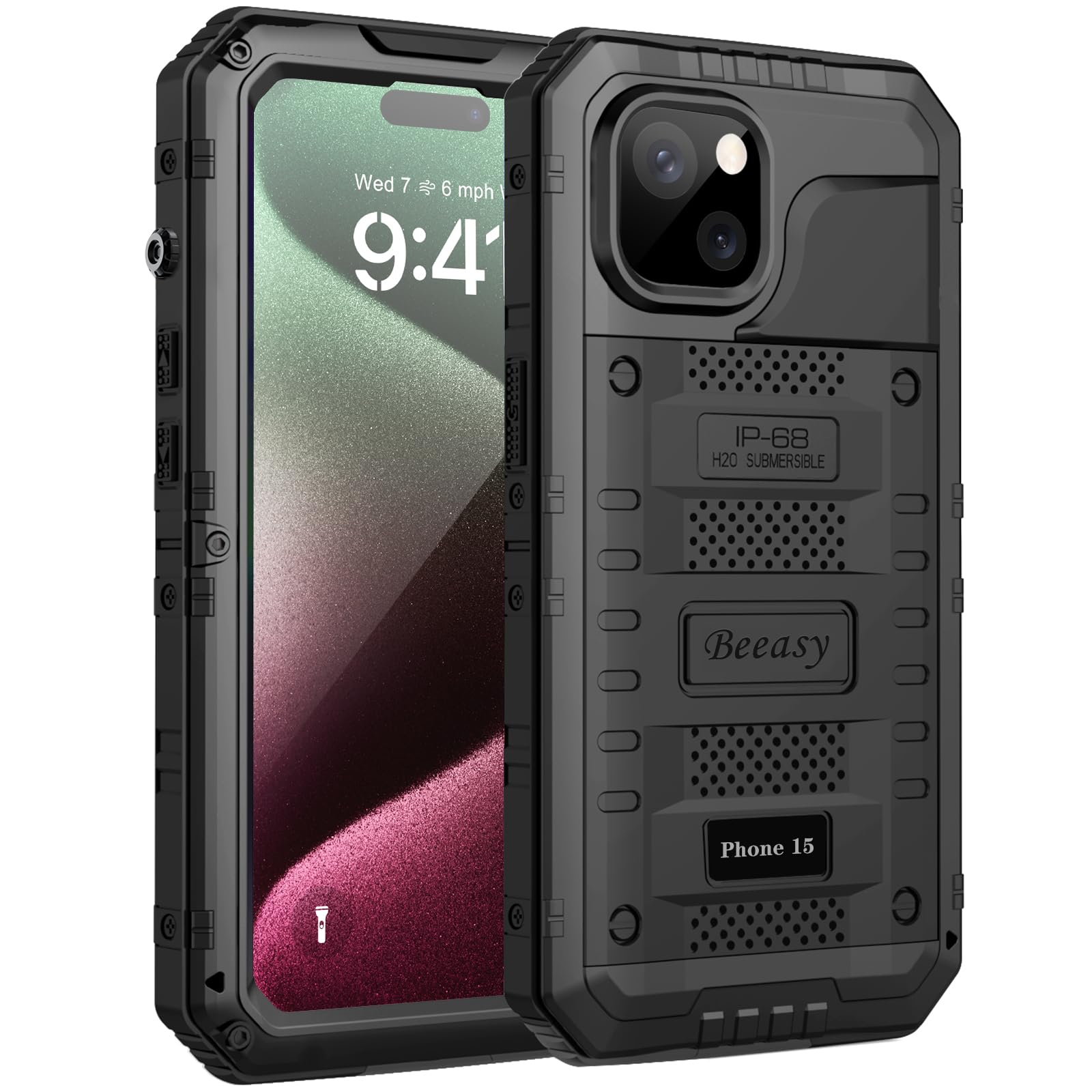 Beeasy for iPhone 15 Case Waterproof Heavy Duty Tough Metal Armour Cover Shockproof Dustproof Built-in Screen Protector, Robust 360 Full Body Military Protective Rugged Case for iPhone 15 6.1inch