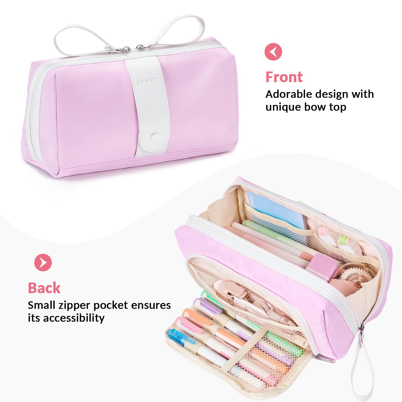 Sooez Big Capacity Pencil Case, Extra Large Pencil Pouch with Zipper Pocket, Wide Opening Pencil Bag, Portable Stationery Organizer, Cute Aesthetic School Office Supplies for Teens Girls Adults, Pink