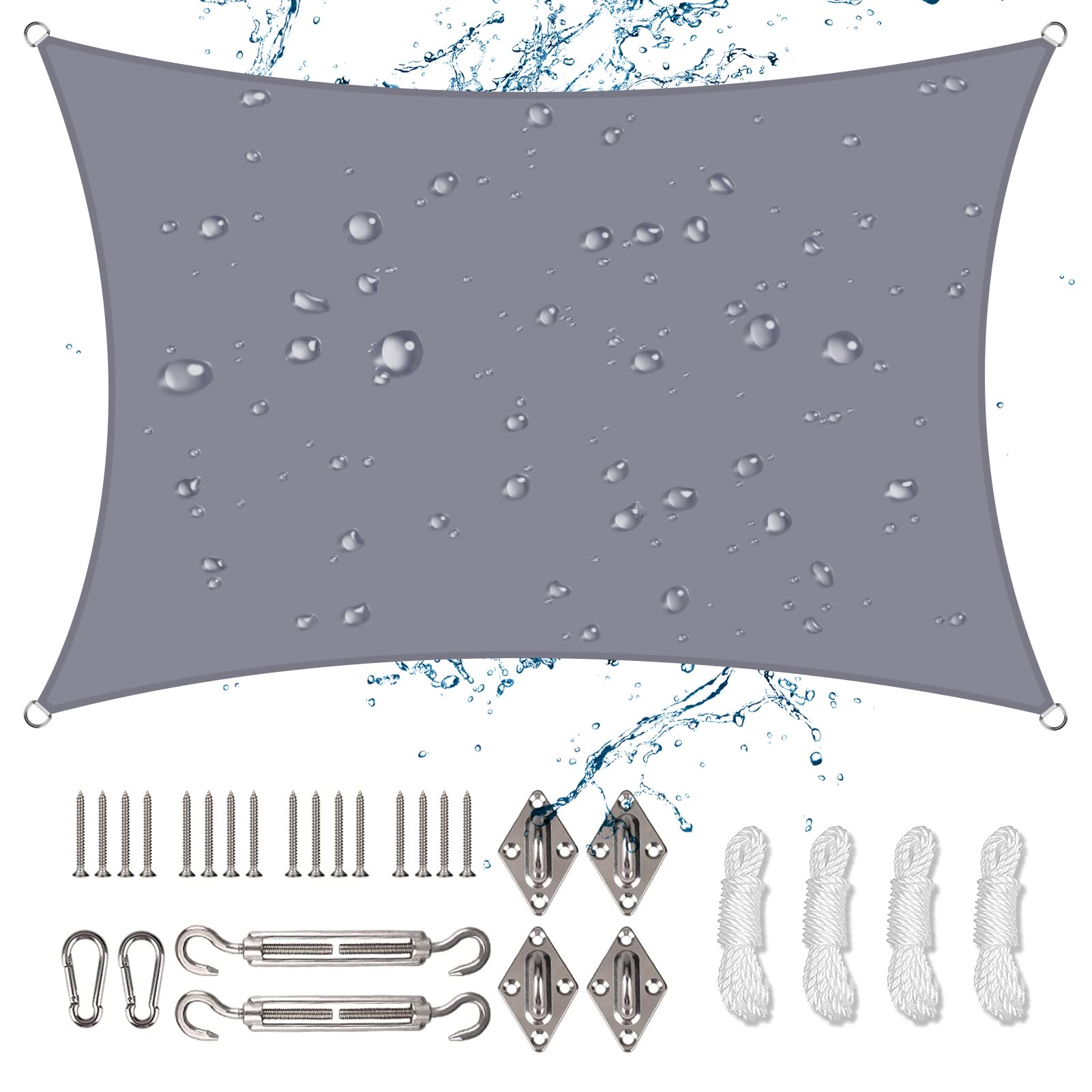 NAKIHOUSE Sun Shade Sail 2m x 4m Rectangle Waterproof Sunscreen Awning Canopy with Fixing Kit 95% UV Block Sun Shades for Outdoors, Garden, Patio, Yard, Party (Light Grey)