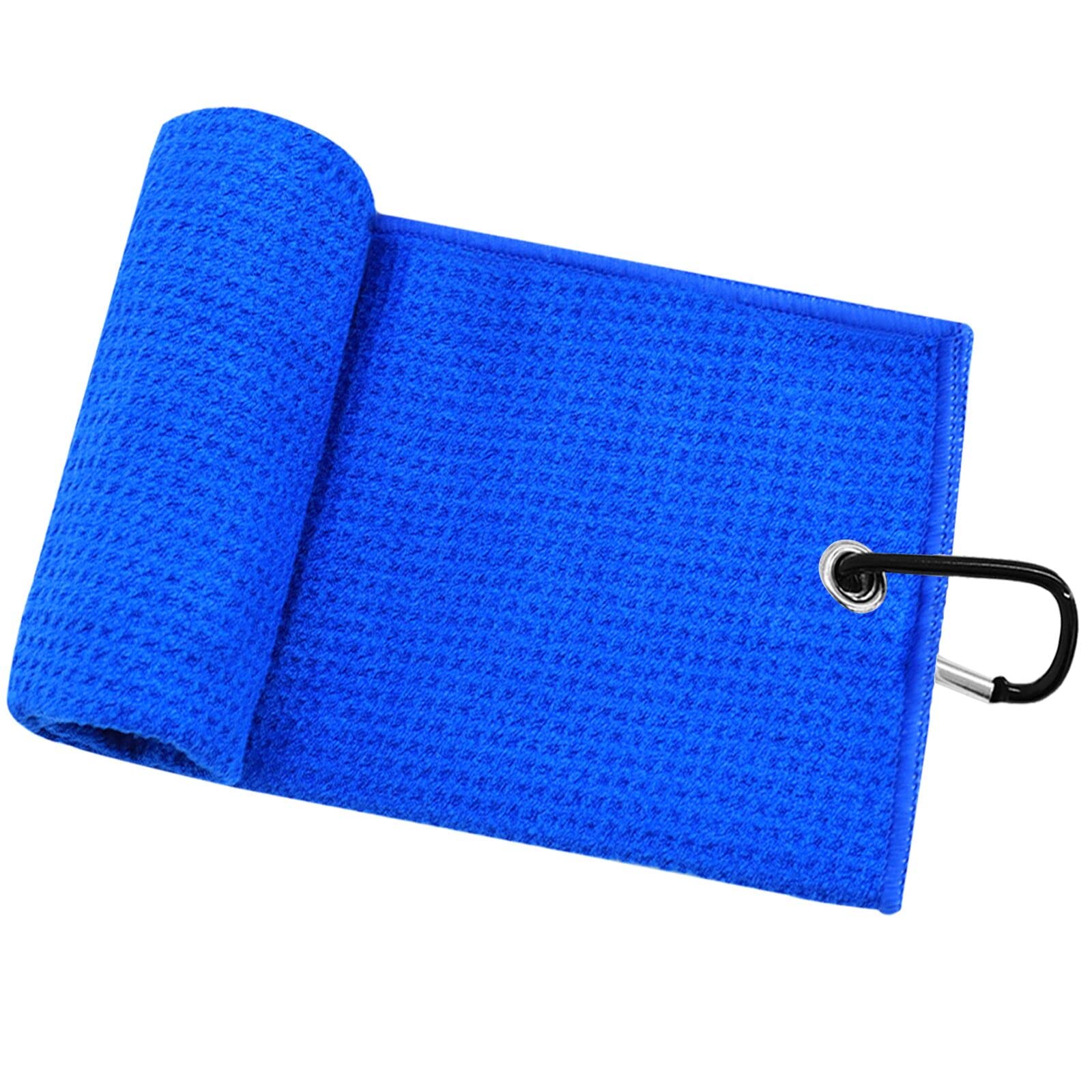 FINGER TEN Golf Towels Waffle for Golf Bags with Clip 24"X16", Tri-fold Towel Microfiber Hook Loop for Men Women Club Cleaning Groove Cleaner for Sports (Blue Towel-1 Pack)