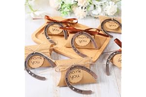 30 Pcs Rustic Lucky Horseshoe Wedding Favor Boxes, Vintage Horseshoes with Kraft Boxes Tags, Satin Ribbon and Jute Rope, Rust