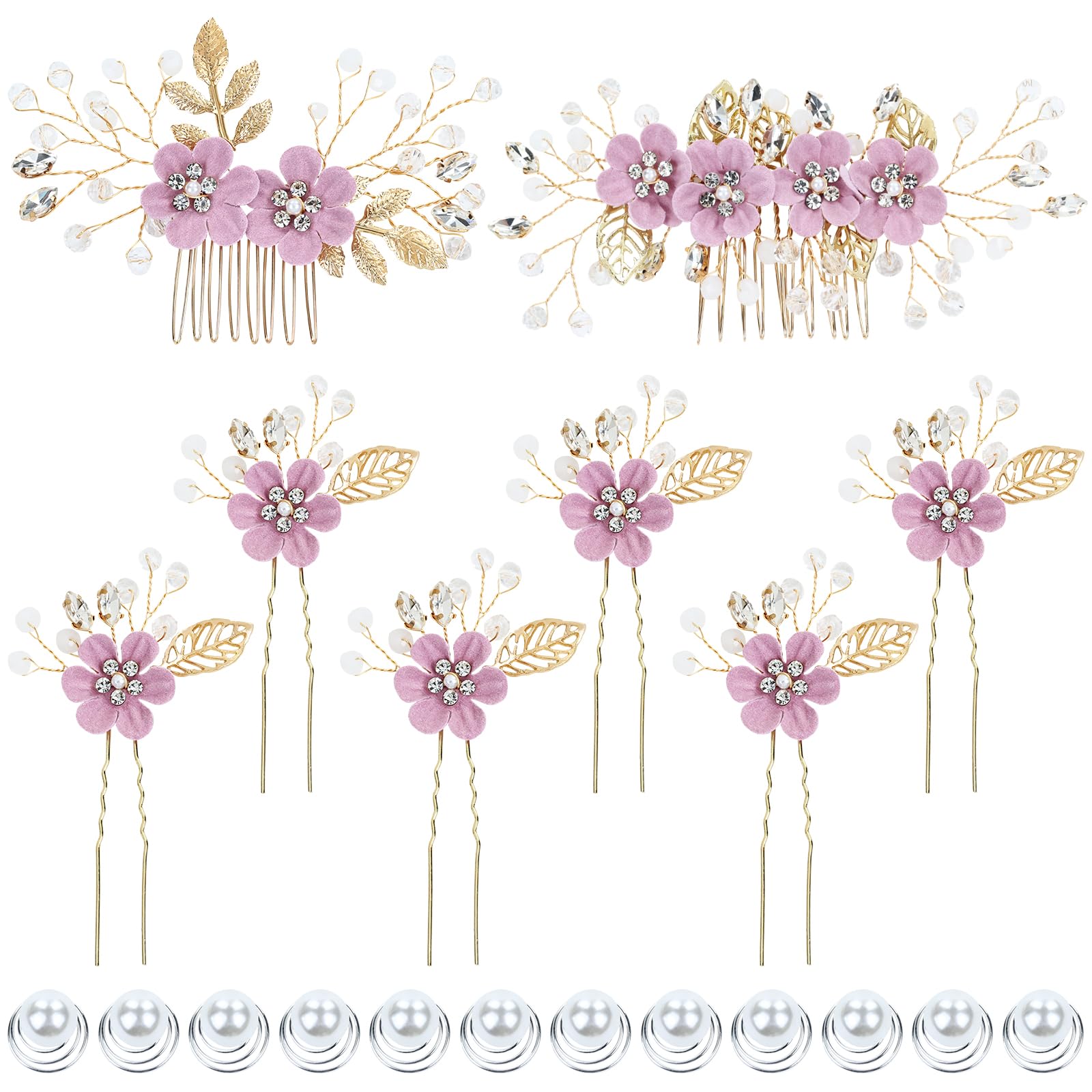 Dizila 20 Pieces Bridal Wedding Party Prom Rhinestone Pearl Purple Flower Hair Side Combs Slides+U-shaped Flower Hair Pins+ Twist Spiral Pearl Hair Pins Headpieces for Brides Bridesmaids Women Girls