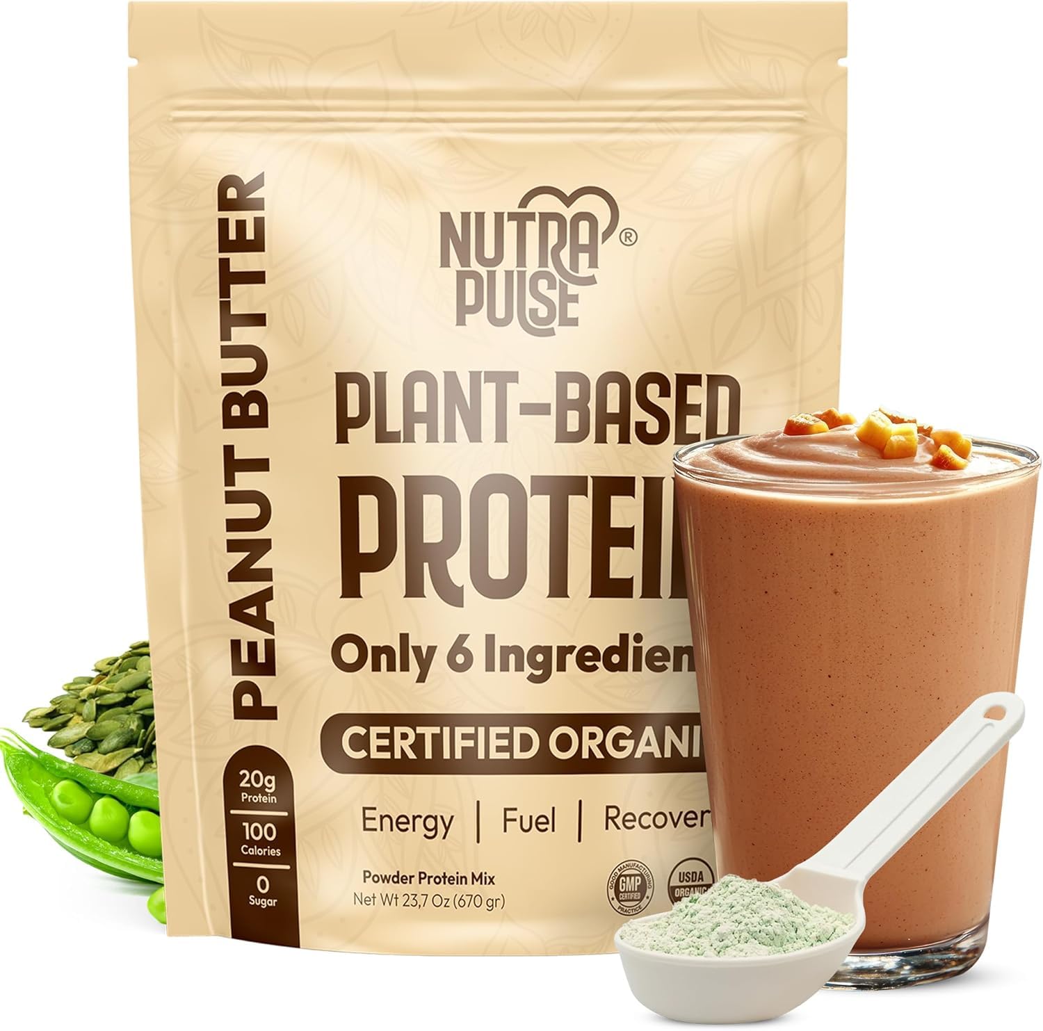 Photo 1 of **8 Pack**NUTRAPULSE Peanut Butter Vegan Protein Powder Sample Pack – 20g Organic Plant-Based Protein Gluten-Free, Dairy-Free, Non-GMO, Soy-Free  – Smoothie & Baking Friendly – Clean 8 Servings EXP 1/30/2026