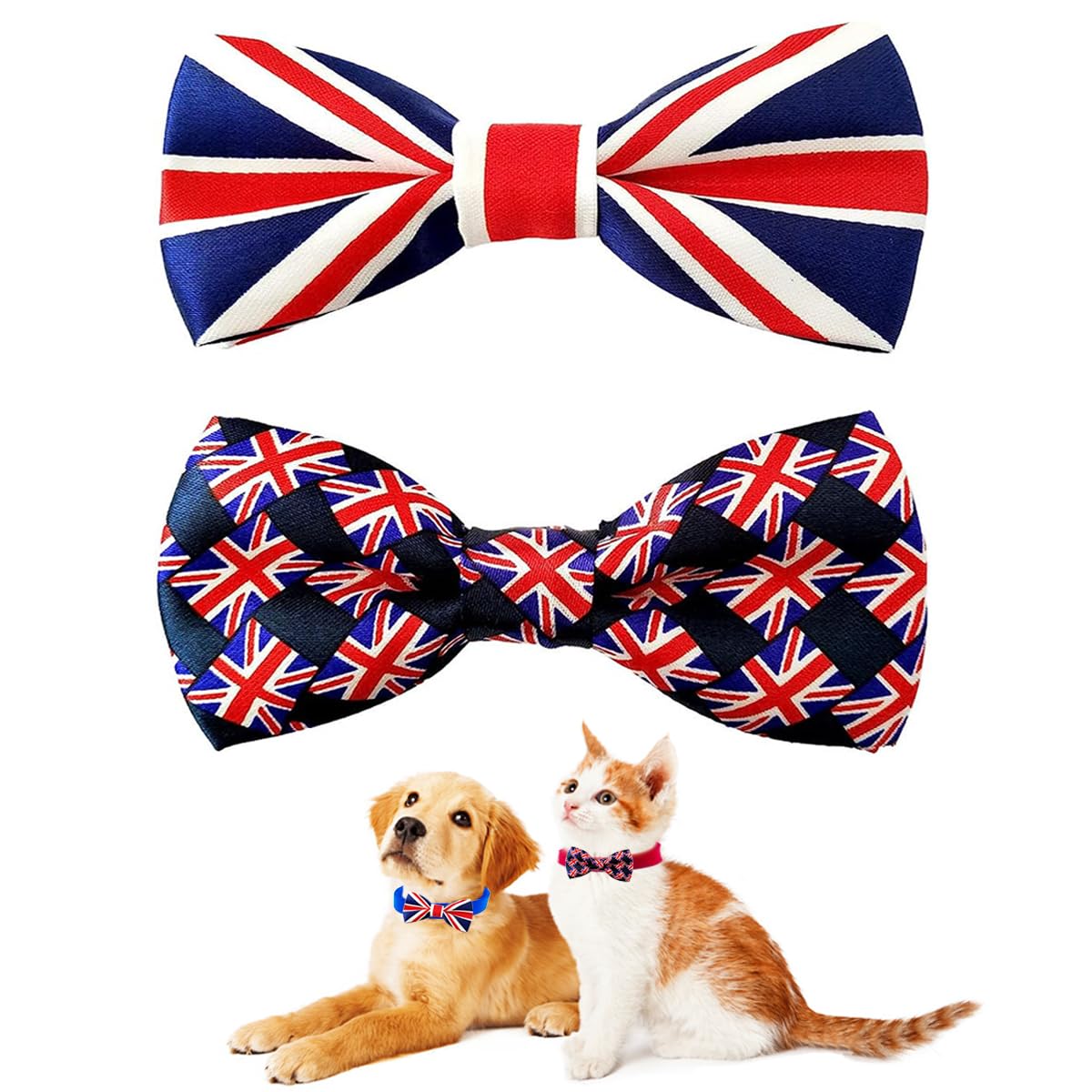BIPY 2PCS Union Jack Dog Bow Ties UK Flag Patriotic Dogs Collar Bowties For Holiday Party Celebrations King Charles Coronation Pet Grooming Accessories for Small Medium Cat Puppy Bow Tie (Small)