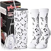Umigy 2 Pcs Music Gifts for Women 20 oz Stainless Steel Musical Note Tumbler and Musical Sock Teacher Appreciation Gifts Stuff for Music Lover Marching Band Musician Team Graduation Accessories(White)