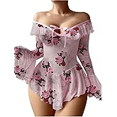 Neohouny Sexy Lingerie for Women Rave Outfits Clubwear See Through Lingerie Sets Bell Sleeve Ruffle Mesh Tops