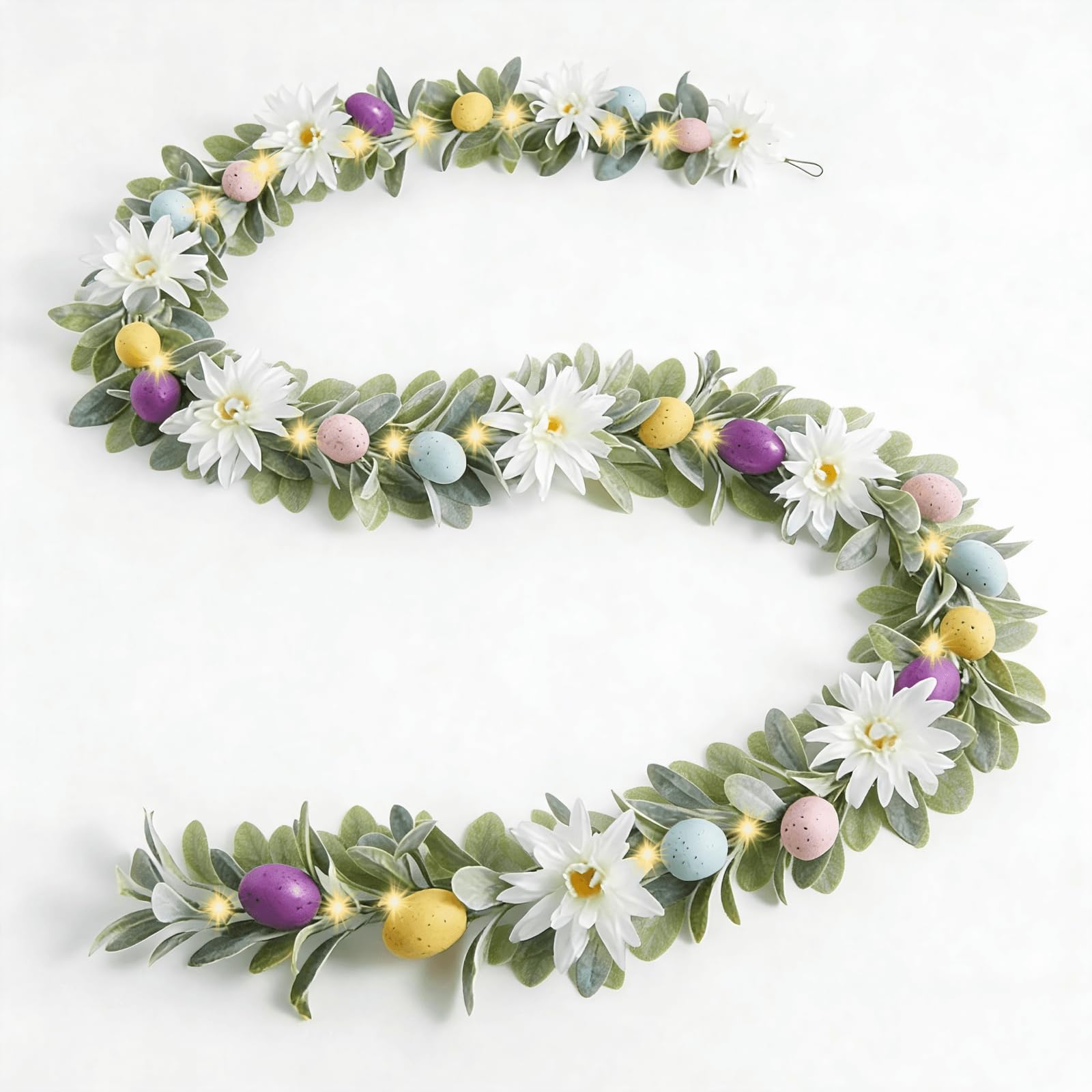 6ft Pre-Lit Easter Garland with 40 LED Lights, Artificial Waterproof Lambs Ear Spring Floral Greenery with Pastel Eggs & Daisy Flowers for Fireplace Mantels, Tables, Walls,Indoor & Outdoor Decor