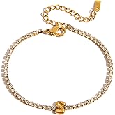 NEPULOY Valentine's Day Gifts for Women - Dainty Gold Initial Bracelets, Trendy Personalized Gold Letter Charm Bracelet, Statement Simple Rhinestones Jewelry | Birthday Gift for Women