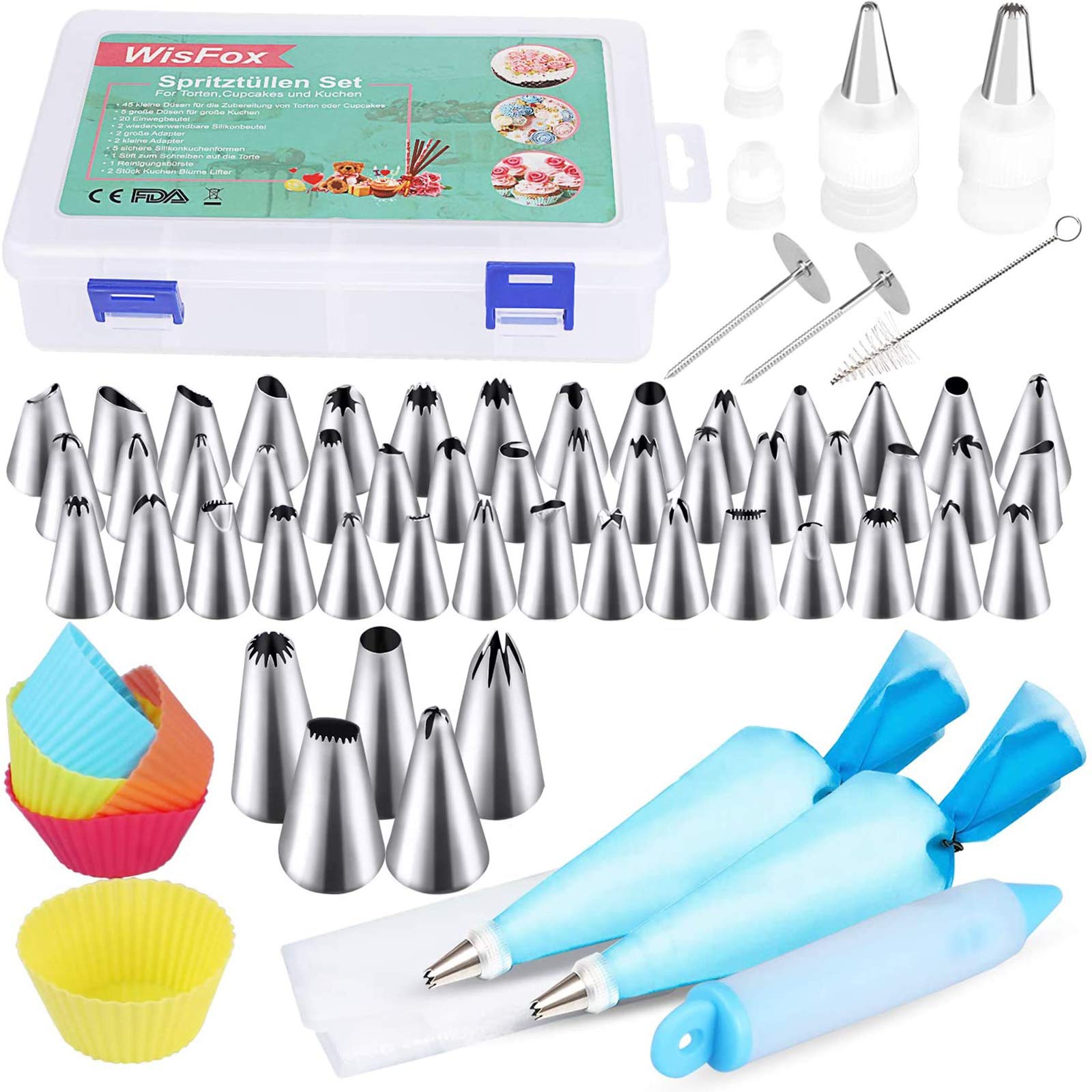 WisFox 85 pcs Icing Tips, Decorating Supplies Kits Include 50 Nozzles, 22 Piping Bags, 5 Cupcake Mold, 6 Mouth Adapters, 2 Flower Nails, Silicone, Silver/Multi, Normal
