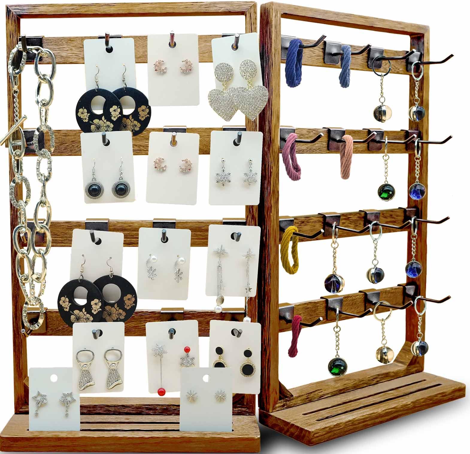 Photo 1 of Jewack Wooden Foldable Jewelry Display Stand with Removable 32 Hooks, Earring Cards necklace bracelet Keychain Showcase Cascading Merchandise Organizer For Selling For vendor events?DARK BROWN?