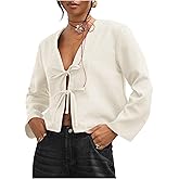 GORGLITTER Women's Tie Front Cropped Shirts Long Sleeve Deep V Neck Blouse Going Out Tops