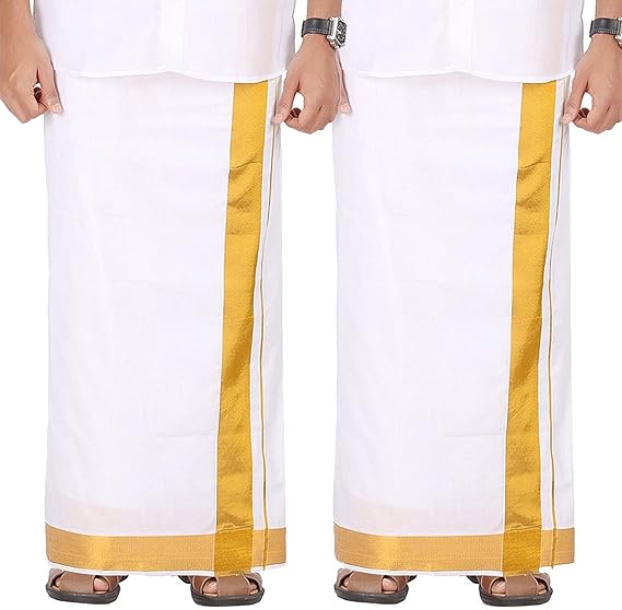 Mens Double (1.29 X 3.60 Meter) Jari Cotton (2 Inch Border) Dhoti With Pack of 2 Dhoties