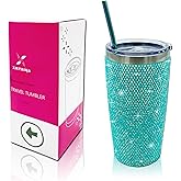 XMYAINA Bling Rhinestone Tumbler 20oz Stainless Steel Studded Glitter Thermal Cup with Leak proof Lid and Straws Double Wall Vacuum Insulated Portable Travel Coffee Mug (Blue)