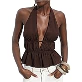 SHENHE Women's Ruffle Hem Halter Top Open Back Smocked Deep Plunge Sexy Going Out Top Tank