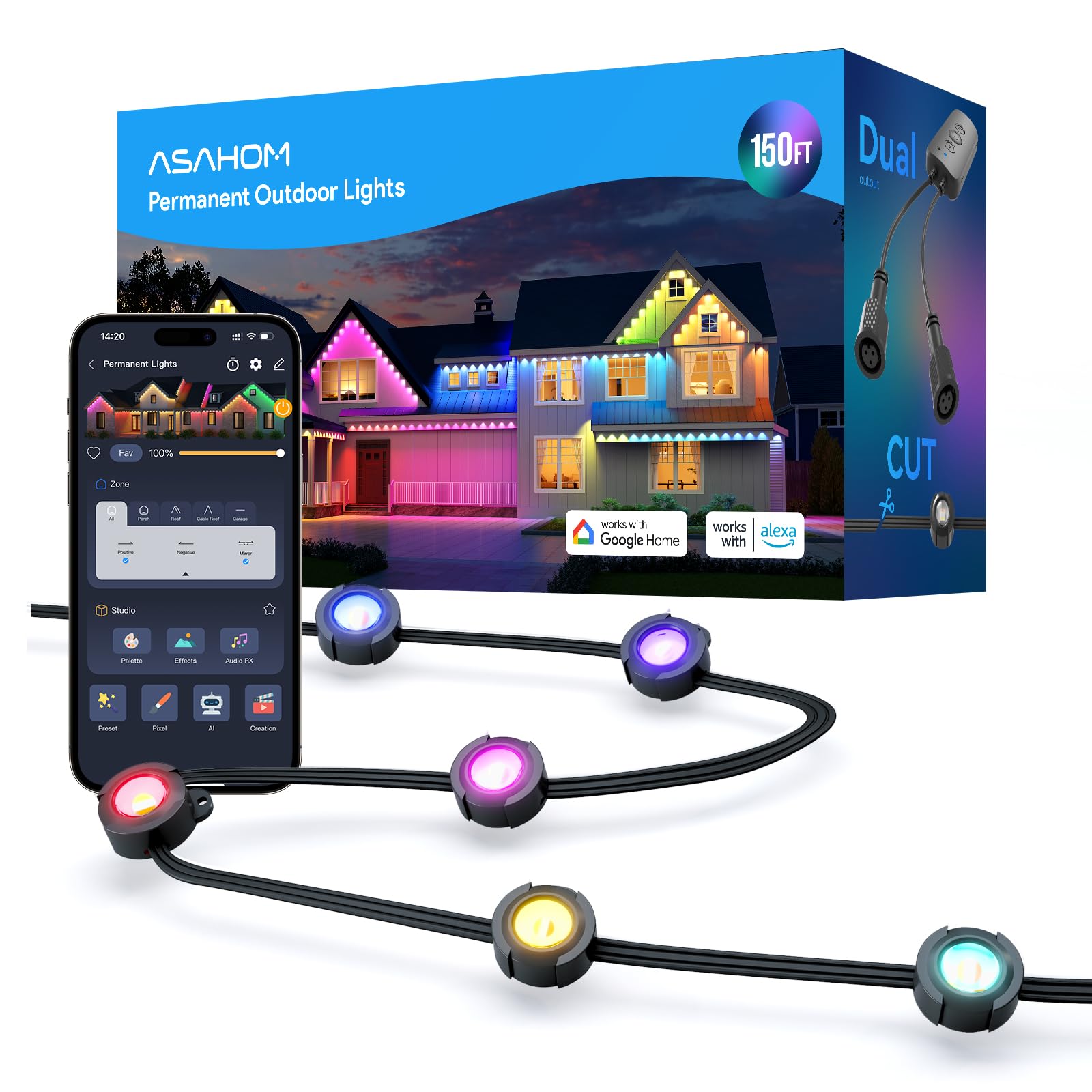 Photo 1 of ASAHOM AI Permanent Outdoor Lights S107C, 150FT with 108 RGBCW LED Lights and Dual Output, 30,000 Lighting Effect Combination, IP67 Waterproof for House Halloween Christmas and Daily Decoration, Black