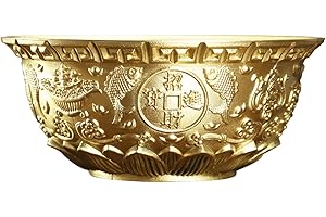 Chinese Feng Shui Prosperity Money Bowl - 5 Inch Golden Brass Bowl with Carving for Wealth & Fortune Decor