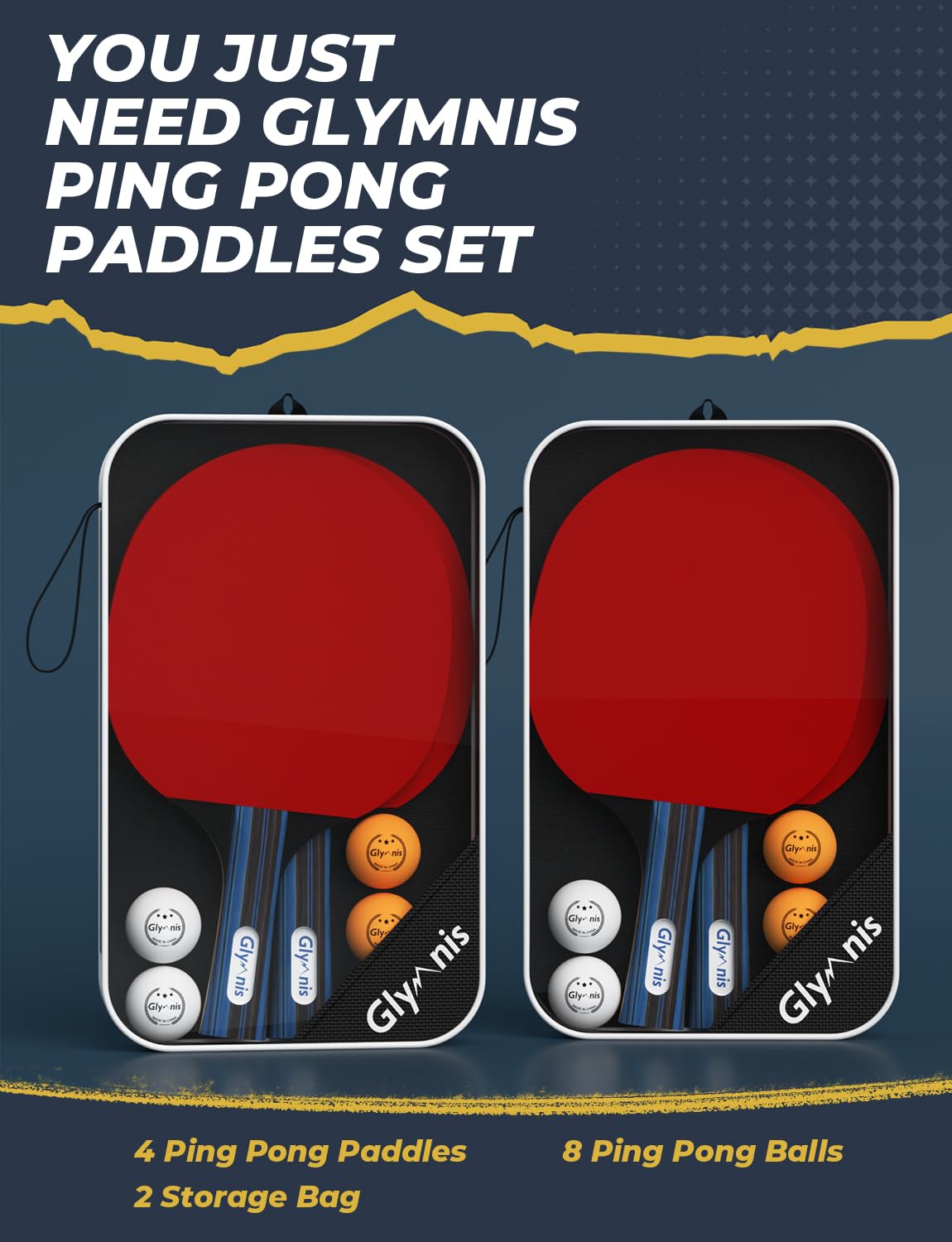 Glymnis Ping Pong Paddles Set Table Tennis Rackets with Balls, Storage Case for Indoor Outdoor Table Tennis Paddle Game Accessories