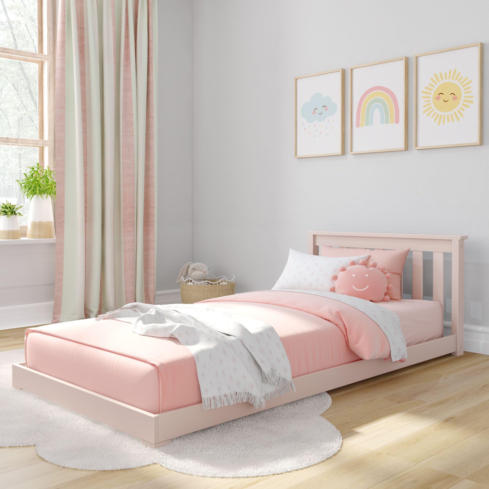Photo 1 of *Damage to box* Max & Lily Classic Twin Floor Bed, 79.75 Inches, Solid Wood Low Bed Frame for Kids, Modern Floor Bed for Bedroom, Blossom