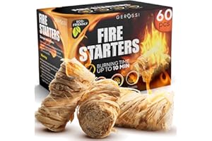 GEROSSI Fire Starter - Natural Pine Fire Starters for Fireplace, Campfires, Grill, Wood & Pellet Stove, Chimney, Fire Pit, BBQ, Smoker - 60 Pack w/10 Min Burning Time - All Weather & Odorless Firestarter