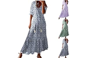 GOHRSHA Boho Long Summer Dresses for Women 2024 Vintage Maxi Dress Ethnic Floral Print Boho Dress V Neck Short Sleeve Sundress