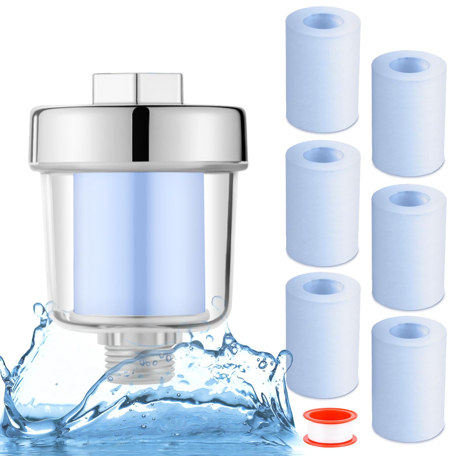 Shower Filter, Limescale Filter Shower, Shower Filter with 1 Teflon Tape and 6 Filter Cartridges, Water Filter Shower Water Filter Shower Filter
