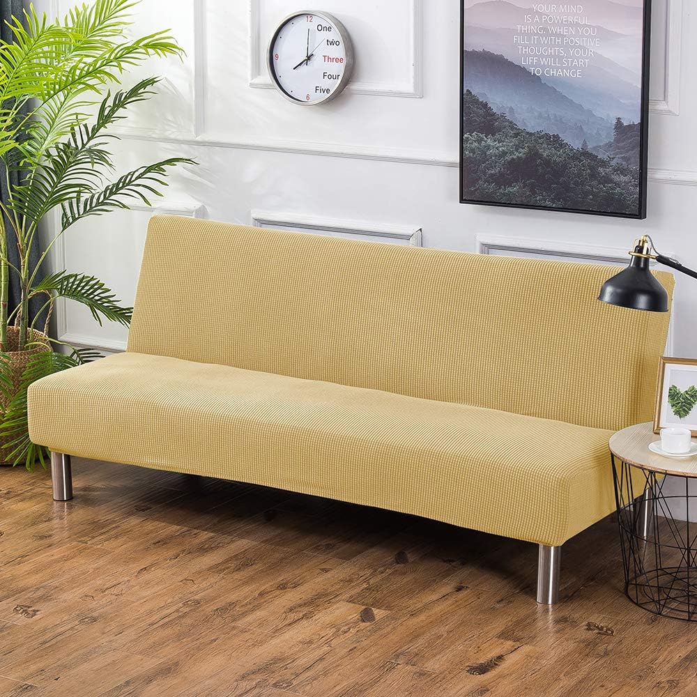 RMCKJ Sofa Bed Covers Sofa Slipcover Armless 3 Seater Solid Colour Modern Stretch Polyester Spandex Slipcover Protector Folding Couch Sofa,Beige-S