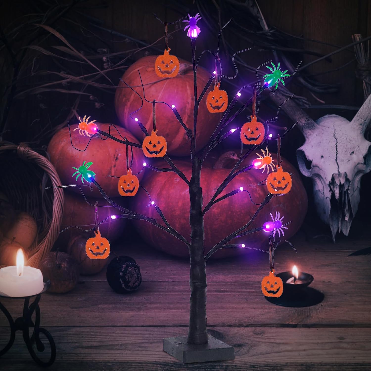 Trees - hogardeck Halloween Decorations Indoor, Purple Lighted 24”/2FT Black Halloween Tree with Scary Pumpkin Ornaments and Spider Shaped Lampshades, Battery Powered Timer for Home Table Mantel Paty Decor
