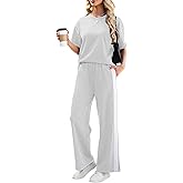 Tanming Two Piece Sets for Women Travel Vacation Outfits Lounge Sets Short Sleeve Tops Striped Wide Leg Pants Tracksuits