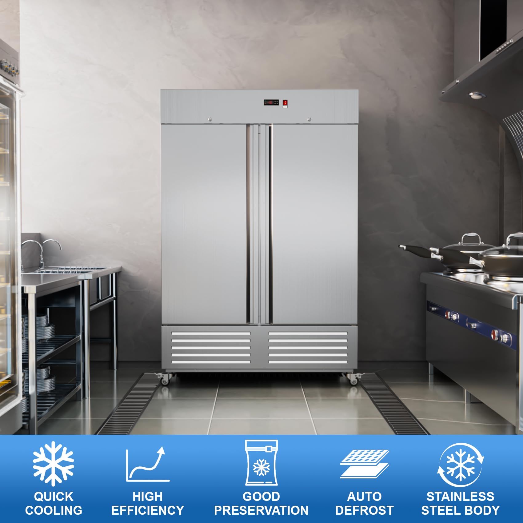 Photo 1 of **DIRTY / SCUFFS/ AND SCRATCHES**54"W 2 Door Commercial Freezer Stainless Steel Fan Cooling 49 Cu.ft Freezer for Restaurant Bar Shop