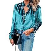 Melliflo Women's Frilled Neck Buttoned Front Velvet Top Casual V Neck Solid Long Sleeve Blouse Tops