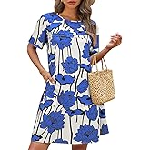 Wenrine Womens Summer Casual Floral Mini Dress Short Sleeve Pleated Front Loose Beach Tunic Dresses with Pockets