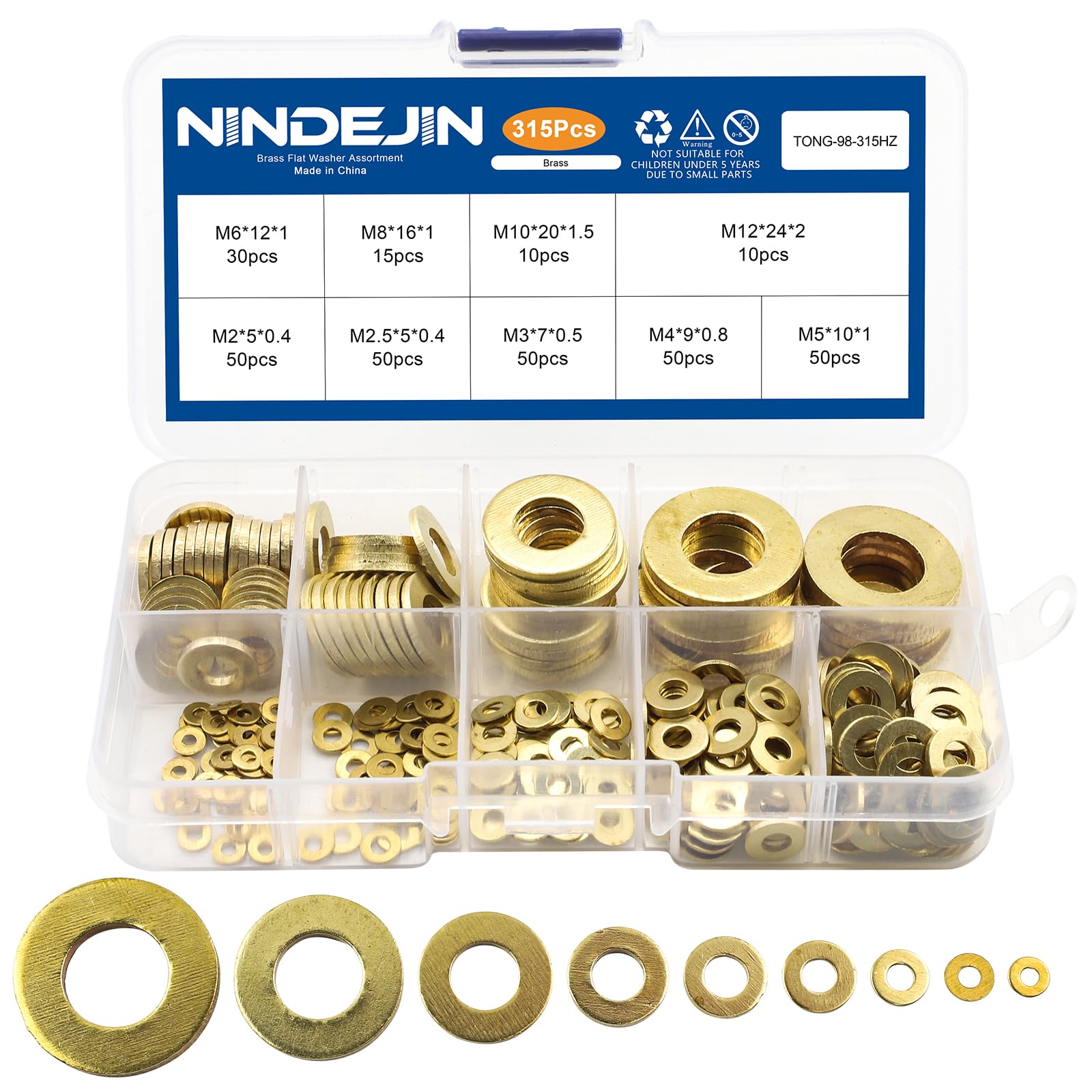 Photo 1 of NINDEJIN 315 Pieces Brass Washer Assortment Kit Metric Flat Washers 9 Sizes Assorted Set for Screws M2 M2.5 M3 M4 M5 M6 M8 M10 M12 Gasket for Bolt Fasteners