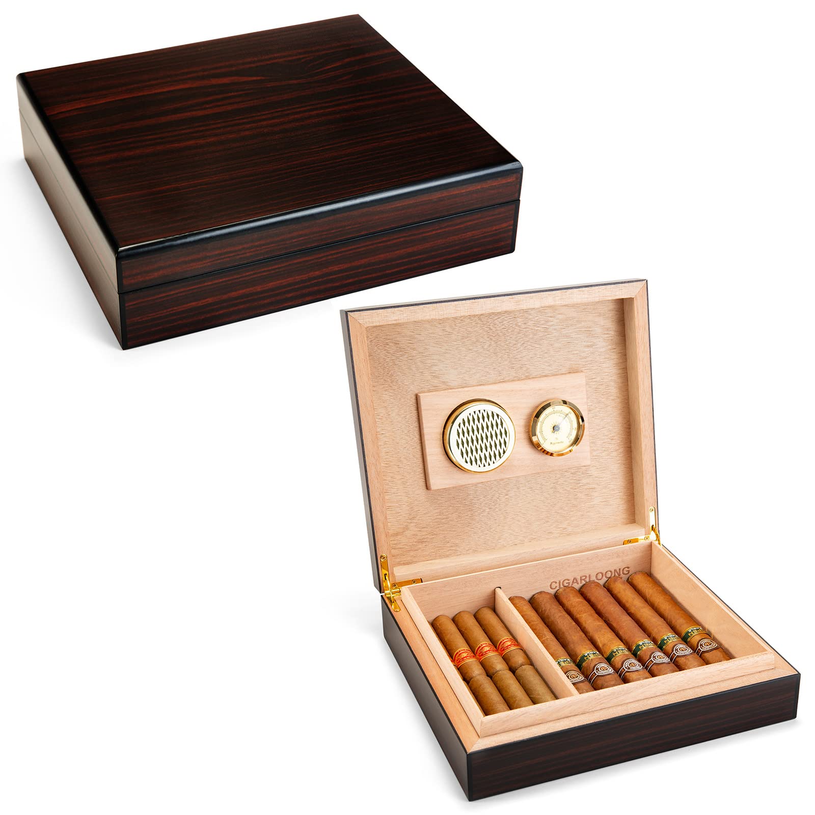 CIGARLOONG Cigar Humidor with Hygrometer and Humidifier Travel Cedar Wood Black Desktop Box Holds up to 15-20 Cigars