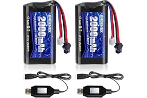URGENEX 7.4V Li-ion Battery 2000mAh 2S Battery with SM 2P Plug High Capacity for Remote Control RC Boat 2 Pack H101 RC Batteries with 2 USB Chargers