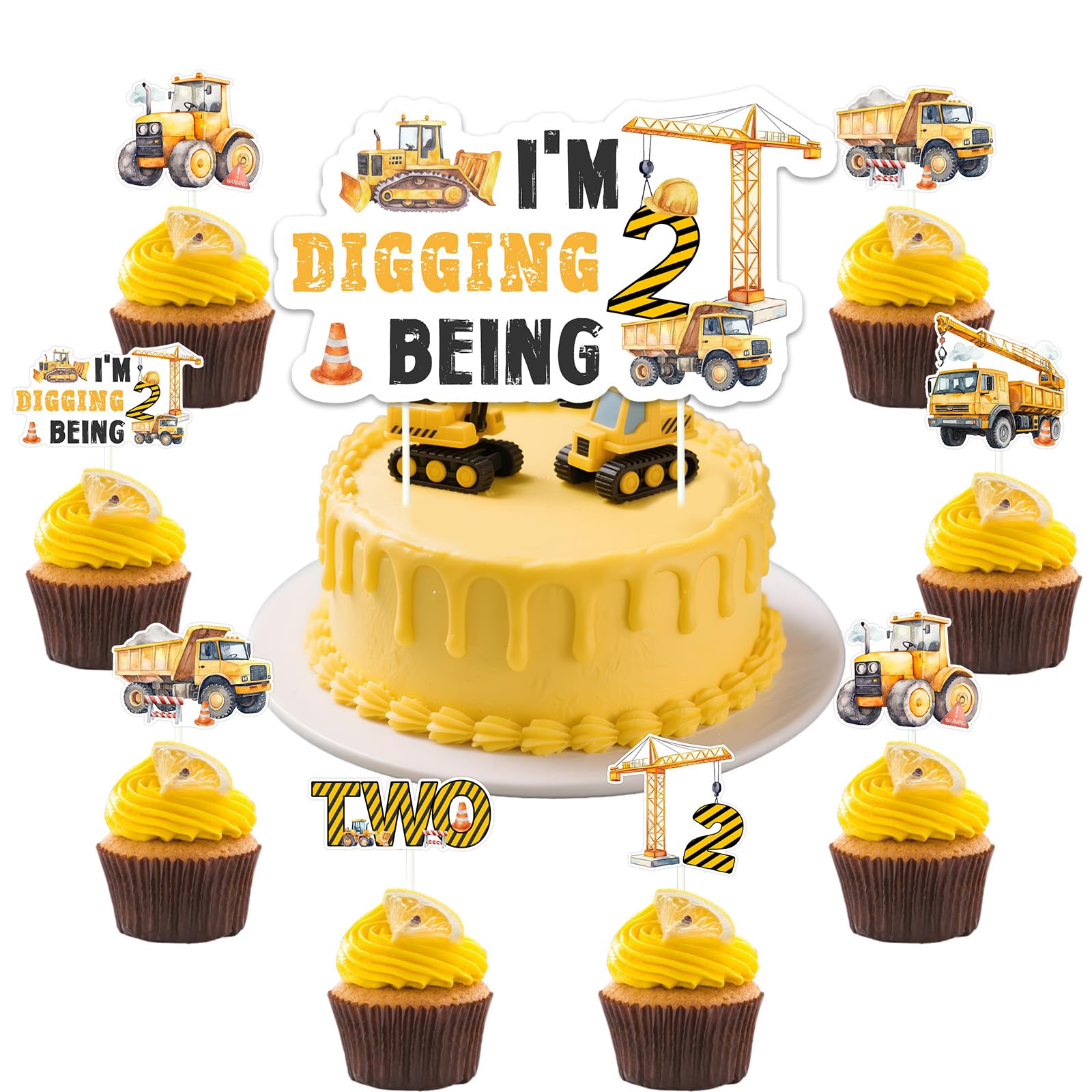 Funmemoir Construction 2nd Birthday Cake Decorations - i’m Digging Being 2 Cake Topper, 24pcs Construction Cupcake Toppers (6 Design) for Boys Tractor Excavator Themed 2 Year Old Birthday Decorations