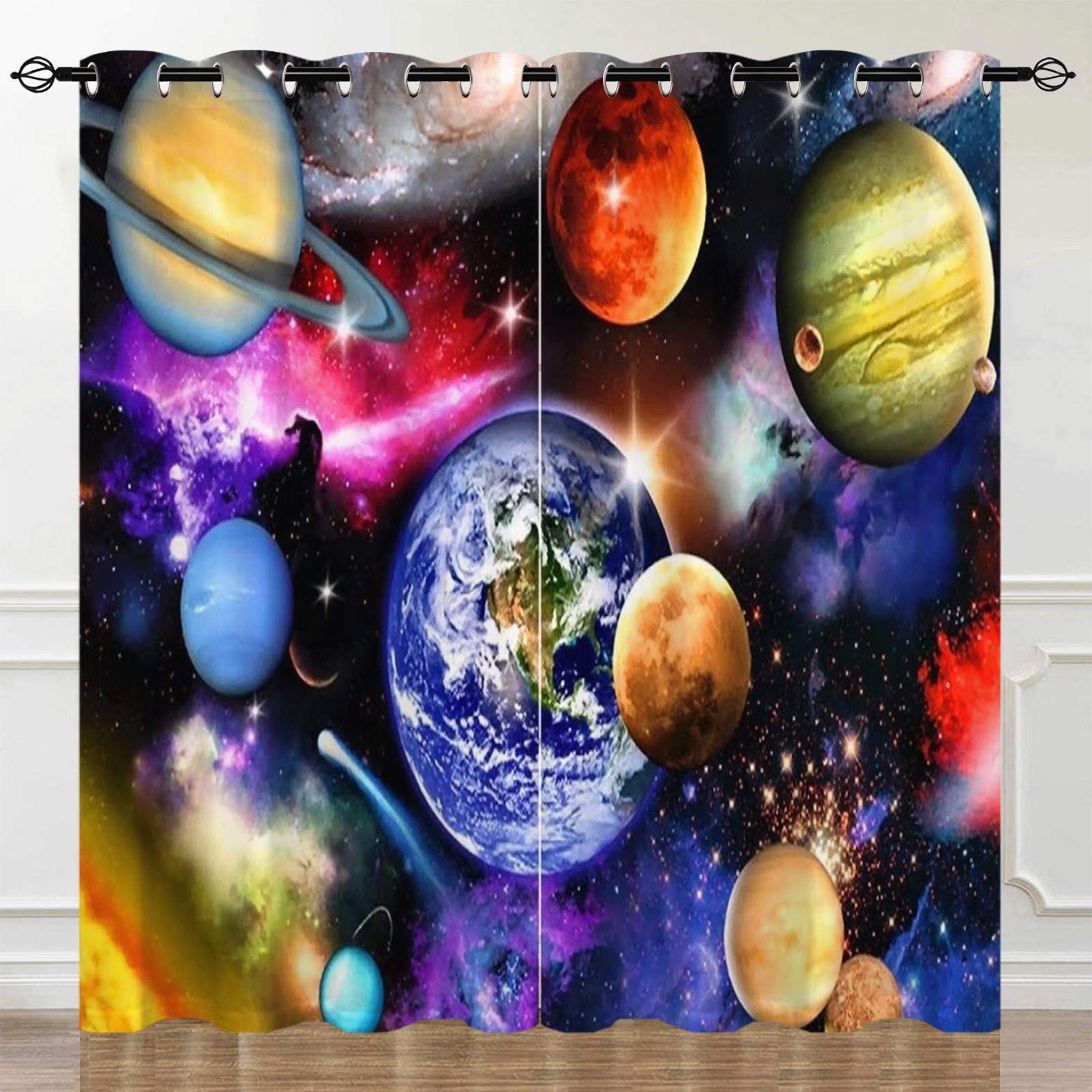 YUANZU Space Curtains, Planet Earth Galaxy Stars Nebula Starry Sky 3D Pattern Microfiber Blackout Fabric Eyelet Window Drapes for Kids Boys Bedroom Playroom W117cm (46") x D137cm (54") 2 Panels