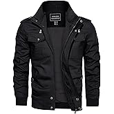CRYSULLY Men's Cotton Military Jacket Lightweight Casual Windbreaker Stand Collar Bomber Jackets Coat with Multi Pockets
