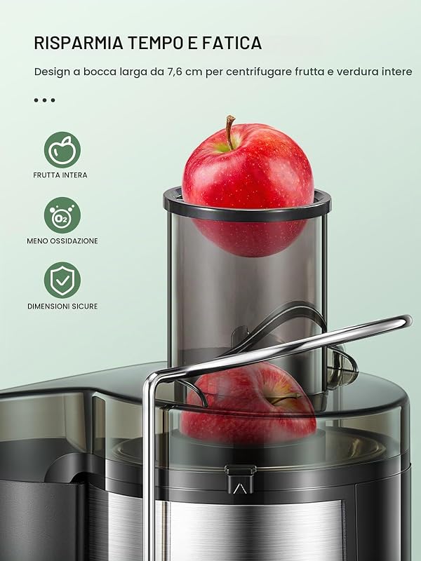 Centrifuga Frutta e Verdura, Spremiagrumi di riempimento da 3 pollici, facile da pulire, in acciaio inox, senza BPA, ideale per frutta e verdura (Argento, 800W) — foto 2 di 8