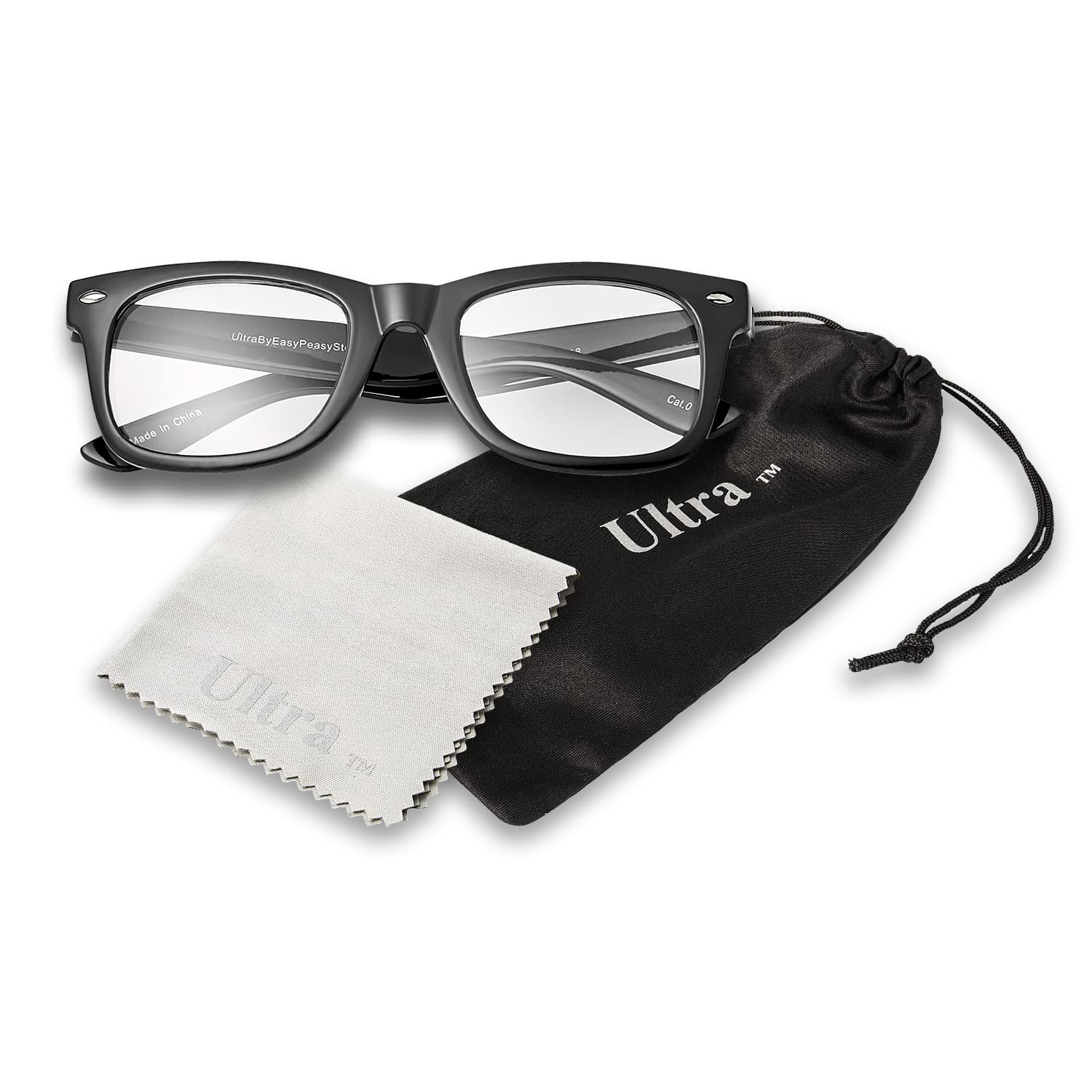 Ultra Adults Classic Fake Glasses with Clear Lenses - Retro Nerd Geek Costume Accessory for Men Women, Fancy Dress, Cosplay, Hipster Look, World Book Day - Includes Carry Pouch - Black