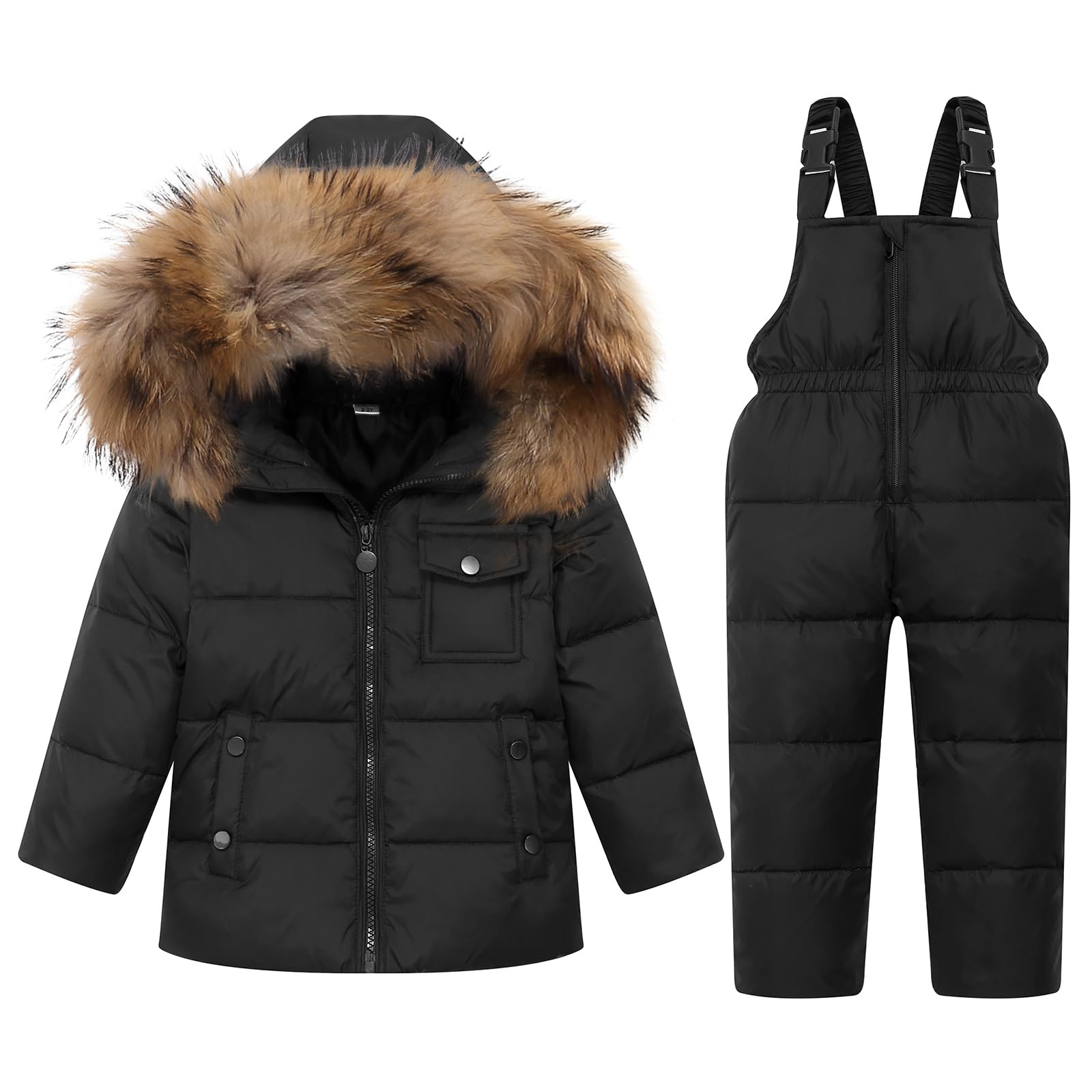 JiAmy Kids 2-Piece Snowsuit Winter Puffer Jacket and Snow Pants Ultralight Skisuit Set Black 18-24 Months