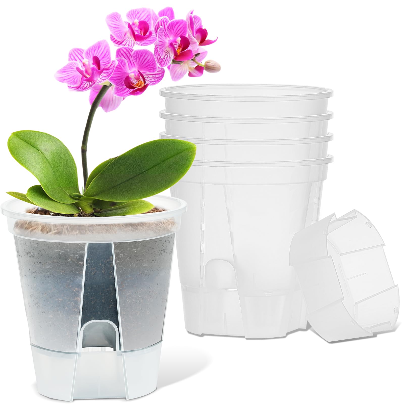 IWTTWY 5 Pack Self Watering Plant Pot, 15cm Plastic Flower Pots, Seed Seedling Pots for Indoor with Drainage Maintains, Herb Planter for Orchid, African Violet, Rose, Tulips (Clear)