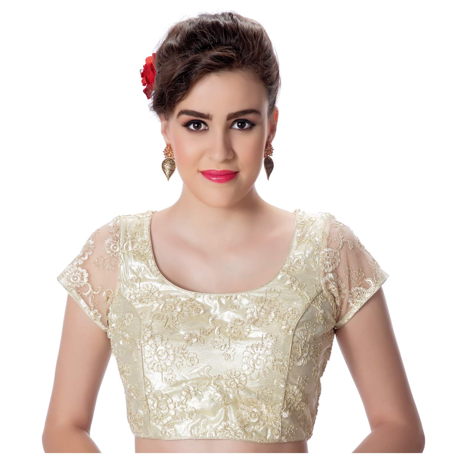 rinkoo women's art silk gold net princess cut padded readymade saree blouse