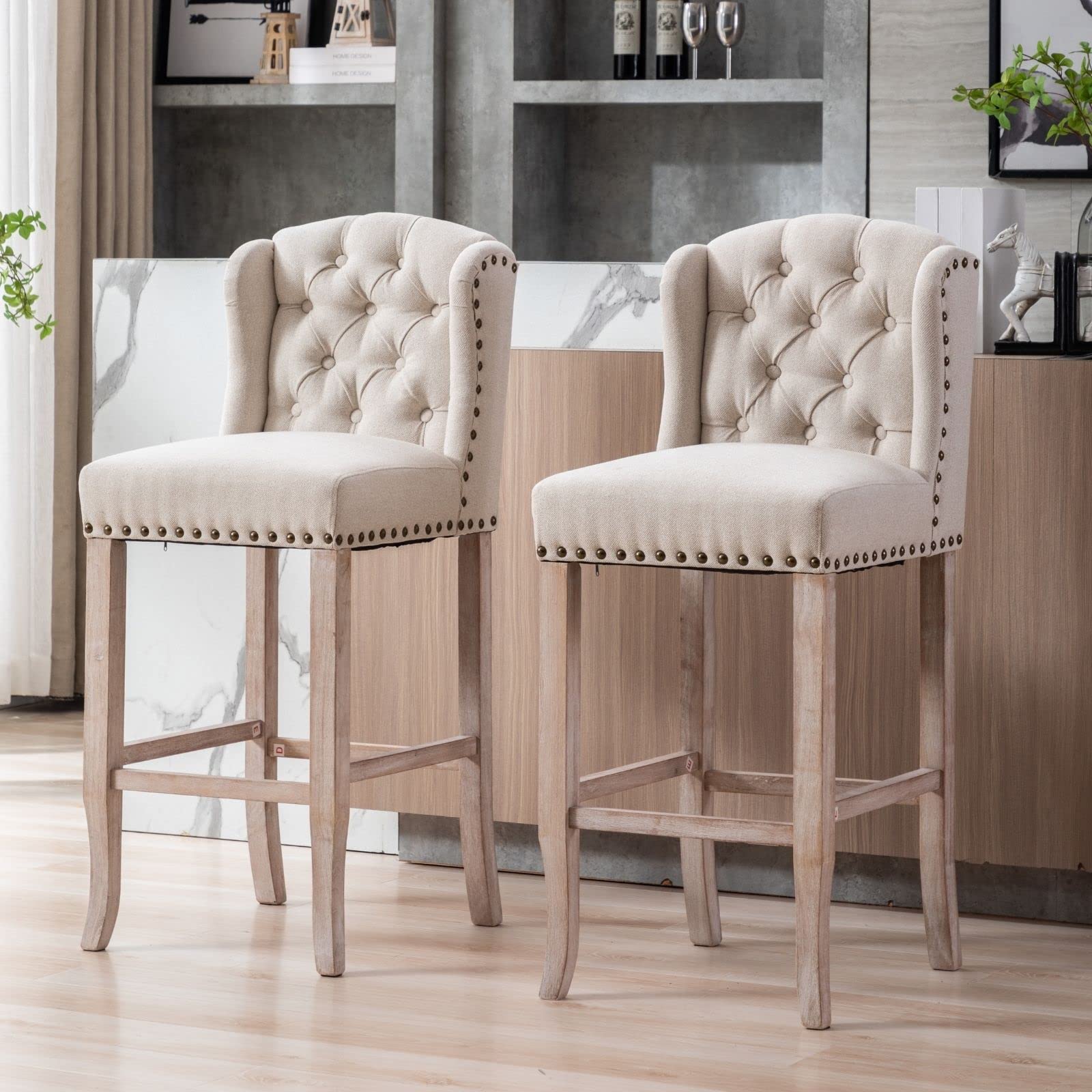 Photo 1 of ***FINAL SALE/NO RETURN, VIEW NOTES*** Classic 30" Linen Bar Stools Set of 2, Button Tufted Wingback Tall Bar Chairs with Solid Wooden Legs Farmhouse High Kitchen Stool with Nailhead Trim for Home Breakfast Bar, Beige