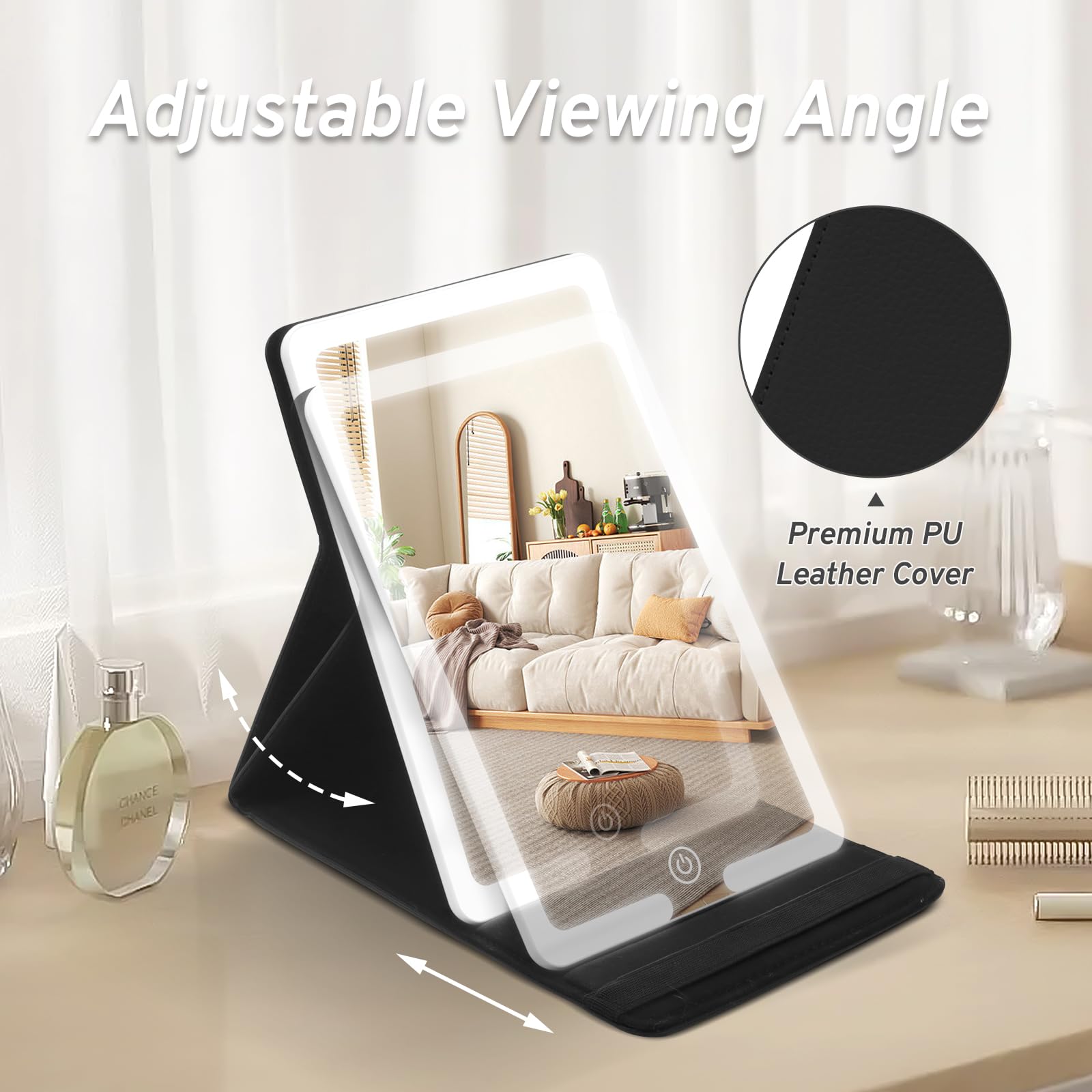 Lighted Travel Makeup Mirror, PU Leather Vanity Cosmetic Mirror with Lights, Rechargeable 1500mAh Battery, 3- Color Light Modes Dimming LED Light Up Mirror of 8X5.5inch, Travel Accessories for Makeup