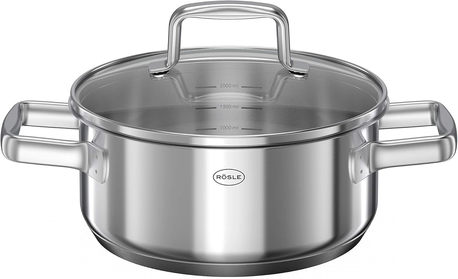 RÖSLE MOMENTS Bratentopf, hochwertiger Kochtopf mit Glasdeckel und Innenskalierung, Edelstahl 18/10, spülmaschinen-, ofen- und induktionsgeeignet, 20 cm Durchmesser