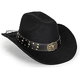 Vintage Western Cowboy Hat for Men Women - Wide Brim Cowgirl Fedora Hats with Braided Rope Band M