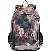 senya Wolf Backpack for Boys Girls, Wolf Pink Flower Backpack Students Bookbag Daypack for School Primary Teens, A01E23034