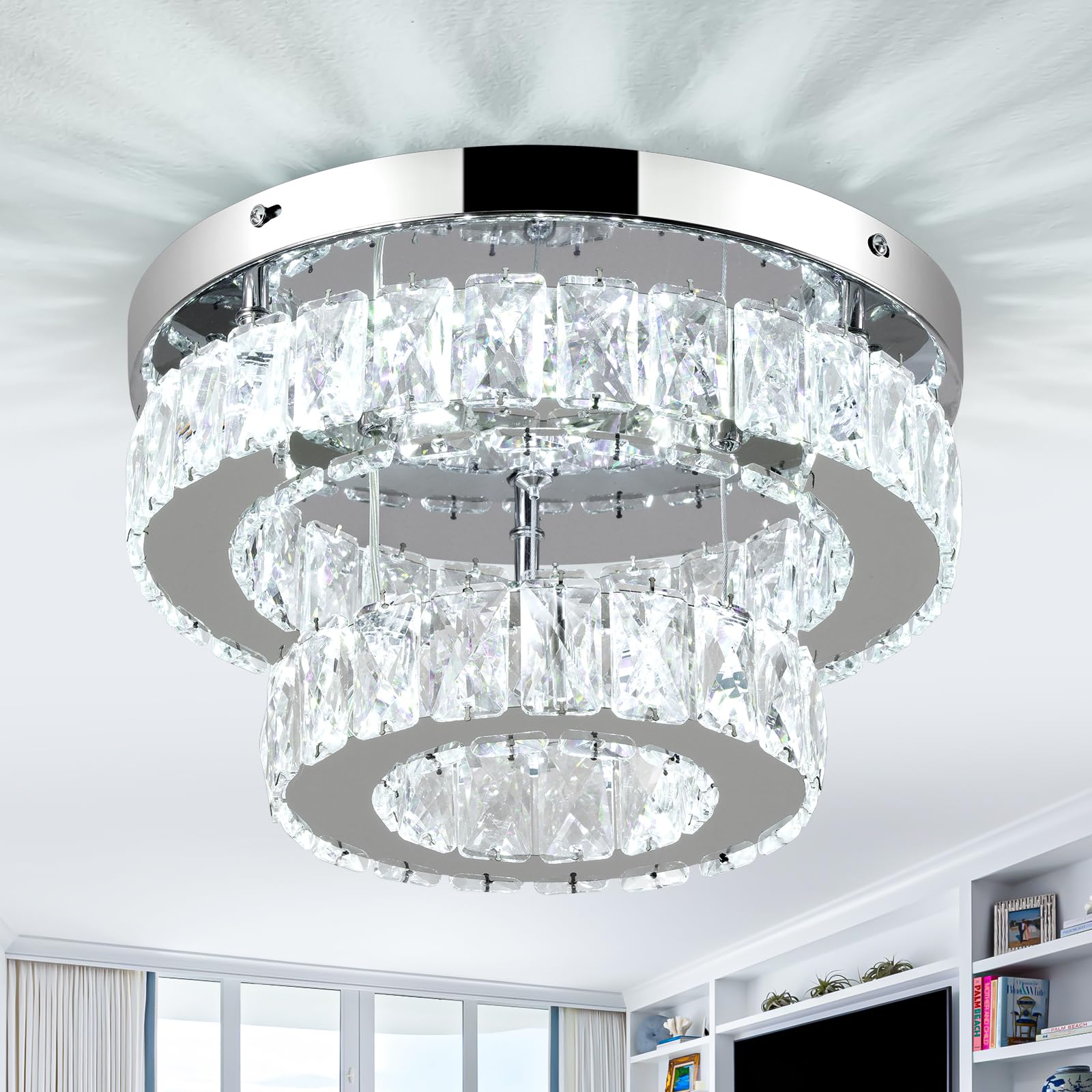 Photo 1 of 12 Inch Mini Chandelier LED Crystal Ceiling Light 2 Layers Flush Mount Ceiling Light Modern Chandeliers Lighting for Bedroom Hallway Staircase Kitchen Bathroom (6000K Cool White)